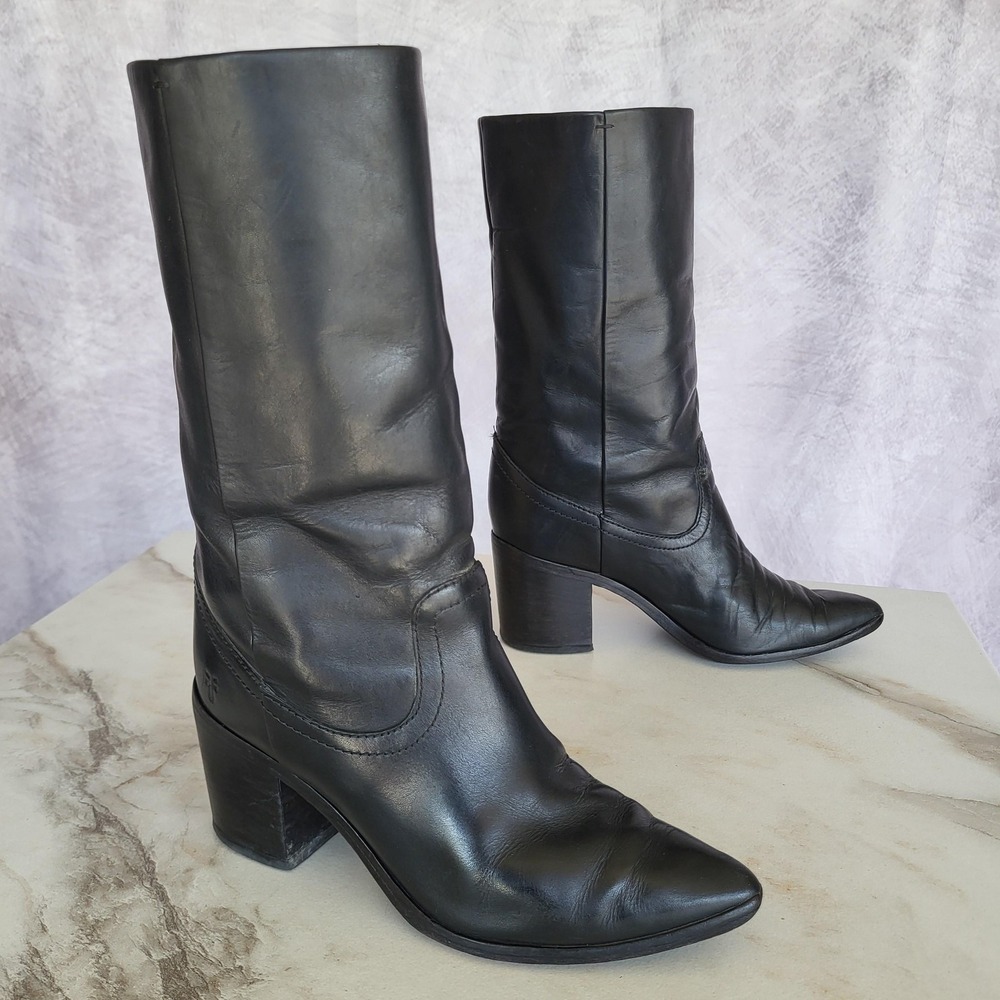 Frye Boots Womens Size 6.5 Black Leather Mid Calf Western Block Heel Pull On